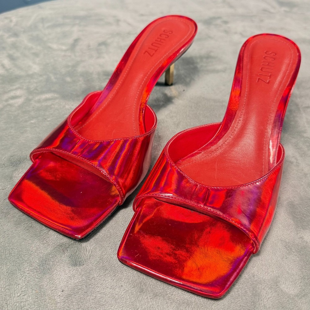 Schutz Sandals Womens 8B Red Holographic Square Toe Heels Slide